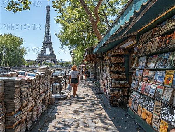 Zeitschriftenstand nahe des Eiffelturms an einem sonnigen Tag, Menschen schlendern vorbei, Lifestyle in Paris, Frankreich, AI generiert, AI generated