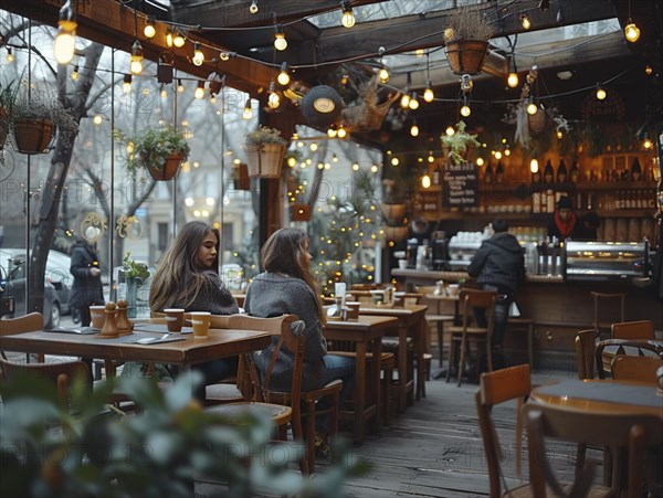 Zwei Personen sitzen in einem gemuetlichen Cafe mit Aussenbereich und warmen Lichterketten, Lifestyle in Paris, Frankreich, AI generiert, AI generated