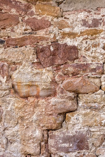 Wall made of sandstone, natural stone, quarry stone and mortar, background picture, old town, Ortenberg, Vogelsberg, Wetterau, Hesse, Germany, Europe
