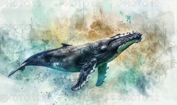 Watercolor illustration of a humpback whale in the ocean AI generated