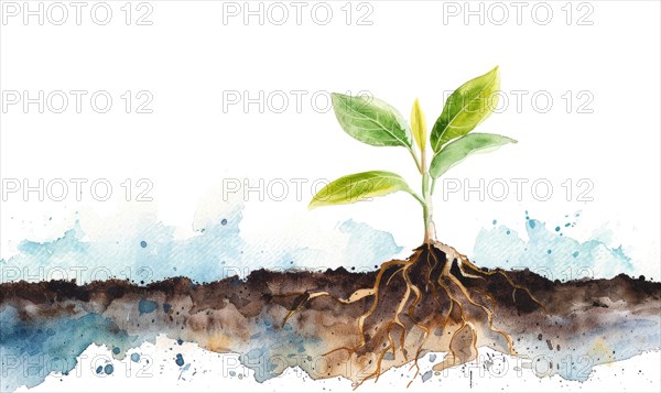 Watercolor illustration of a tree sprout with tiny roots on white background AI generated