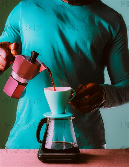 Individual pouring coffee from a pink moka pot into a cup, against a vibrant teal backdrop, Vertical aspect ratio, AI generated