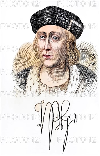 Autograph and portrait of King Henry VII of England 1457 to 1509, Historical, digitally restored reproduction from a 19th century original, Record date not stated