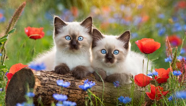 KI generated, animal, animals, mammal, mammals, cat, felidae (Felis catus), two kittens lying in a green meadow with flowers