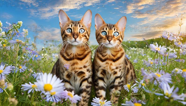 KI generated, animal, animals, mammal, mammals, cat, felidae (Felis catus), two kittens sitting in a flower meadow, kittens, animal children