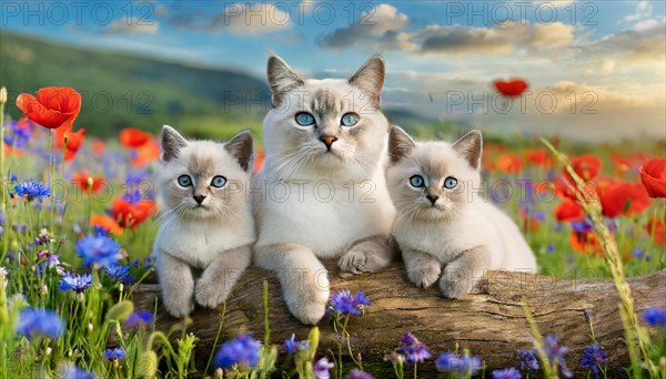 KI generated, animal, animals, mammal, mammals, cat, felidae (Felis catus), a cat and two kittens resting on a tree trunk, flower meadow, spring, summer