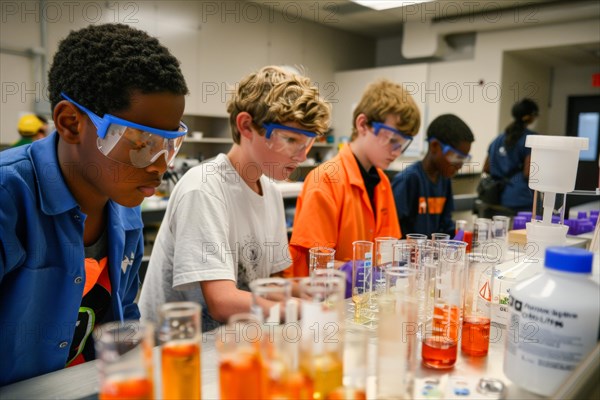 Pupils experimenting in a classroom with safety goggles, chemistry lessons, AI generated, AI generated, AI generated