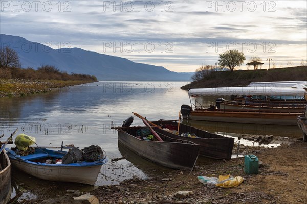 Shore with fishing boats, excursion boats, morning atmosphere at Lake Kerkini, Lake Kerkini, Central Macedonia, Greece, Europe