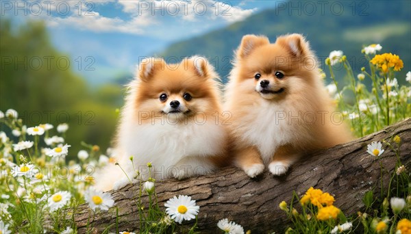 KI generated, animal, animals, mammal, mammals, dwarf spitz, Spitz, (Canis lupus familiaris), dog, dogs, bitch, Pomeranians, a bitch and a puppy lying on a tree trunk, flower meadow, two animals, cream-coloured