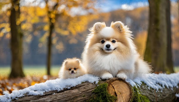 KI generated, animal, animals, mammal, mammals, one, single animal, dwarf spitz, Spitz, (Canis lupus familiaris), dog, dogs, bitch, Pomeranians, two young animals lying on a tree trunk, autumn