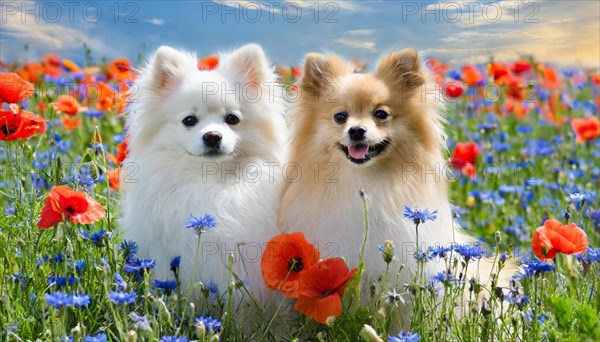 KI generated, animal, animals, mammal, mammals, dwarf spitz, Spitz, (Canis lupus familiaris), dog, dogs, bitch, Pomeranians, two animals lying in a meadow with poppies and cornflowers