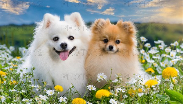 KI generated, animal, animals, mammal, mammals, a, single animal, dwarf spitz, Spitz, (Canis lupus familiaris), dog, dogs, bitch, Pomeranians, bitch with young, puppy, flower meadow, portrait, frontal