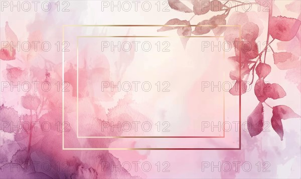 Thin golden frame on watercolor background, space for text AI generated