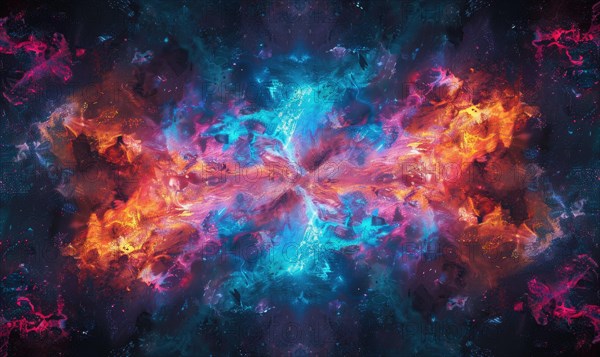 Artistic abstract fractal image with symmetrical patterns in cosmic pink and blue AI generated