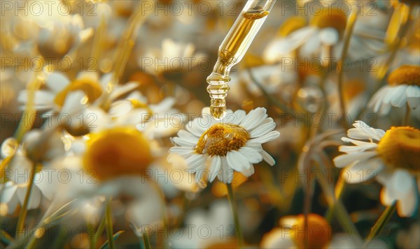 Chamomile essential oil droplets on chamomile flowers, nature beauty background AI generated