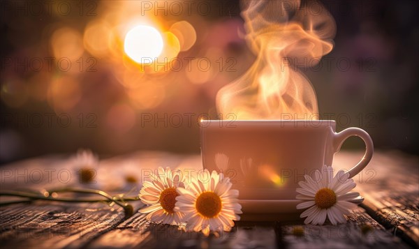 Chamomile tea cup with steam rising, closeup view of herbal tea AI generated