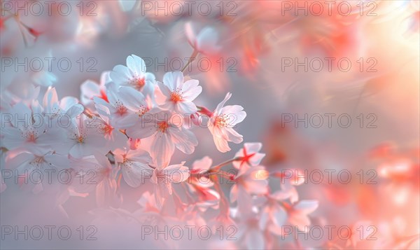 Cherry blossom petals in the breeze, floral background, soft focus, blurred background AI generated