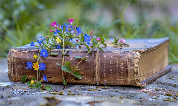 Close-up of a weathered old book with wildflowers growing from its spine AI generated