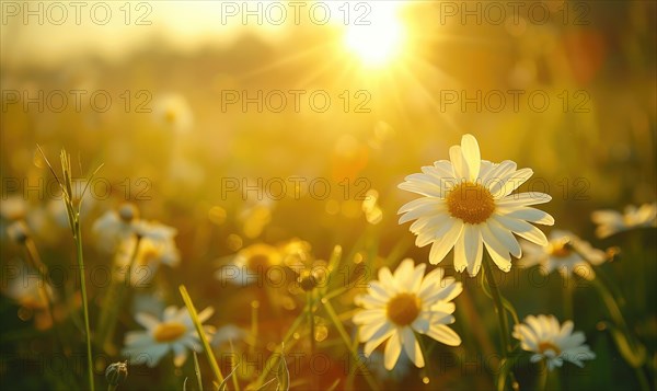 Daisies in a field at sunset, fields and meadows, spring nature background AI generated