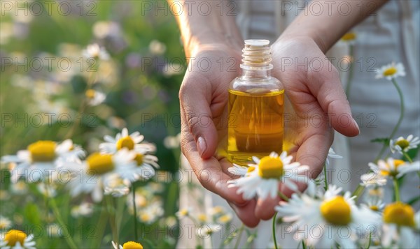 Hands holding bottle of chamomile essential oil, organic cosmetic, beauty in nature, closeup view AI generated