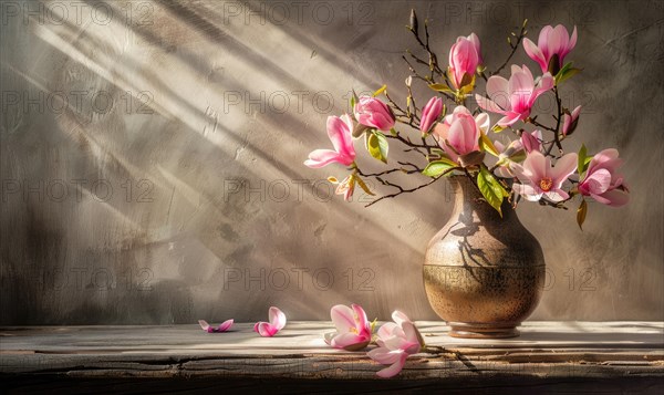 Magnolia blossom bouquet in a vintage vase on a wooden table AI generated