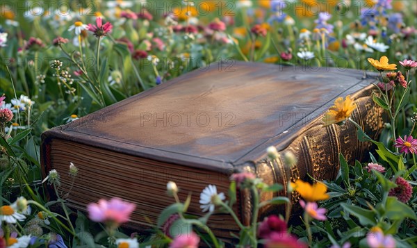 Old book lying on a grassy knoll surrounded by wildflowers AI generated