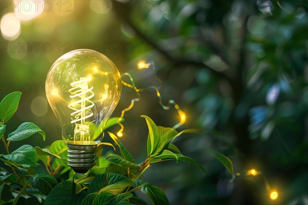 An illuminated bulb amidst lush greenery, symbolizing the fusion of technology and nature, AI generated
