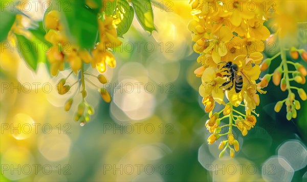 Close-up of a bee collecting nectar from laburnum flowers AI generated