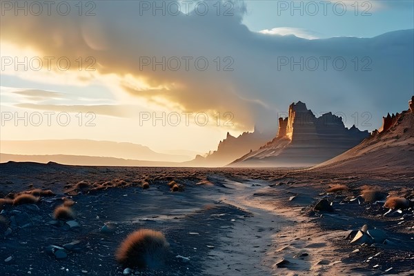 Patagonian desert landscape with powerful wind shaping landforms isolated rock formations, AI generated