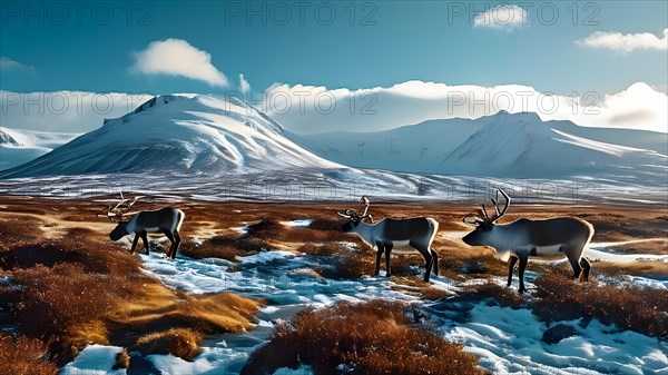 Reindeer grazing svalbards iceberg strewn tundra, AI generated