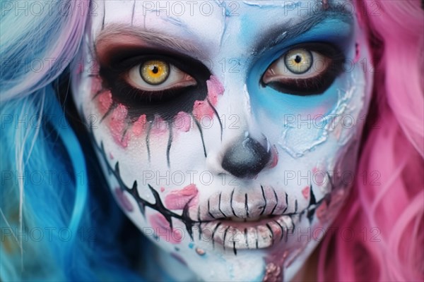 Face of young woman with pastel zombie makeup. KI generiert, generiert, AI generated