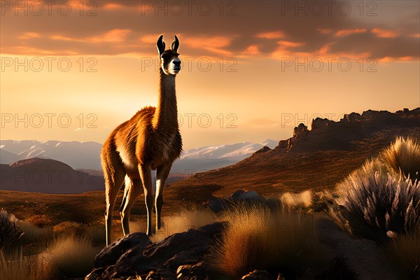 Guanaco standing on a solitary hill in the patagonian deserts sparsely vegetated landscape, AI generated