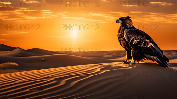 Golden eagle in sun kissed sand dune talons gripping the gobi deserts, AI generated