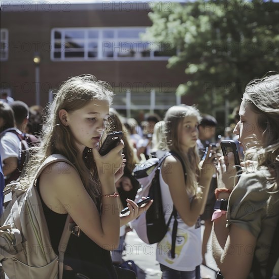 A girl concentrates on her smartphone in the sun-drenched schoolyard, AI generated