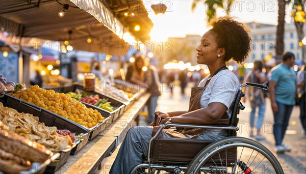 A woman in a wheelchair shops independently at an outdoor market bathed in sunset light, AI generated