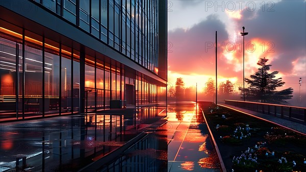 Modern hospital at dawn glass surfaces mirroring early morning sky, AI generated, modern, architecture
