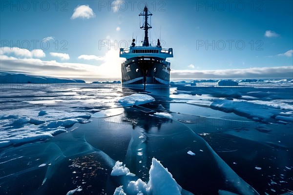 Icebreaker ship carving a path through thick ice of the polar region, AI generated