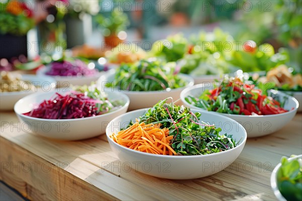 Assorted colorful bowls of fresh salads in an outdoor, sunlit setting, AI generated