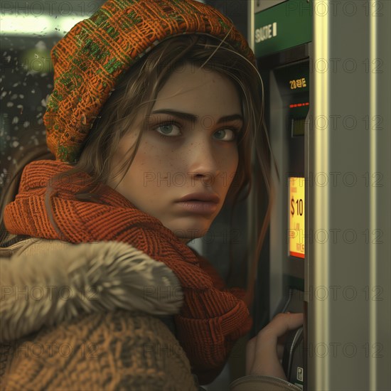 Young woman in winter clothes shows a worried expression while withdrawing money at night, AI generated