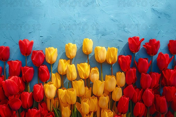 Red and yellow tulips against a vivid blue wall background, AI generated