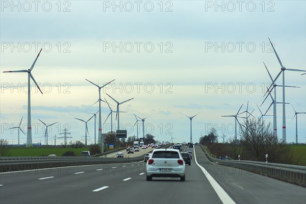 Busy motorway A 9, wind turbines on the side, Thuringia, Germany, Europe