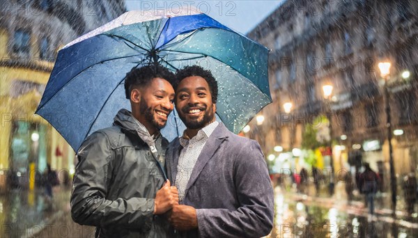 Smiling gay male black couple under a blue umbrella on a wet european city street at night, AI generated