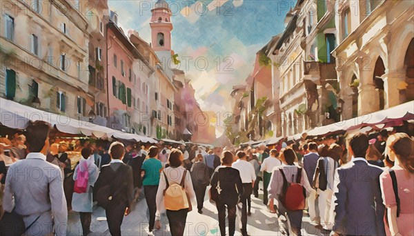 Painted scene of a sunny market street crowded with people walking between warm-toned buildings, rush hour commuting time, sunset, blurry cityscape, bokeh effect, AI generated