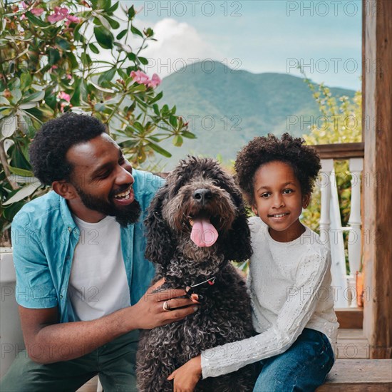 A man and a little girl are posing with a dog. The dog is wagging its tail and the girl is smiling. Scene is happy and joyful, AI generated