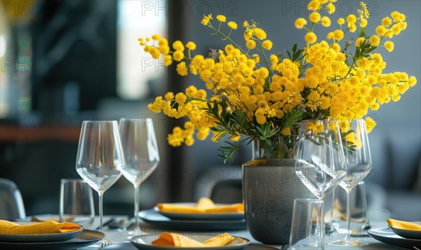 A chic dining table set for a dinner party, bouquet of yellow flower AI generated