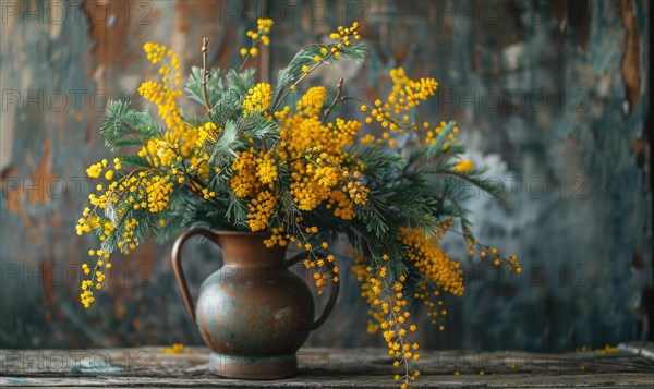 A close-up shot of Mimosa branches arranged in a vintage pitcher AI generated