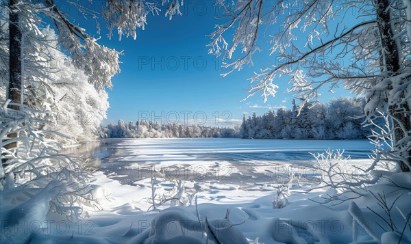 A frozen lake framed by snow-laden trees in a winter wonderland scene AI generated