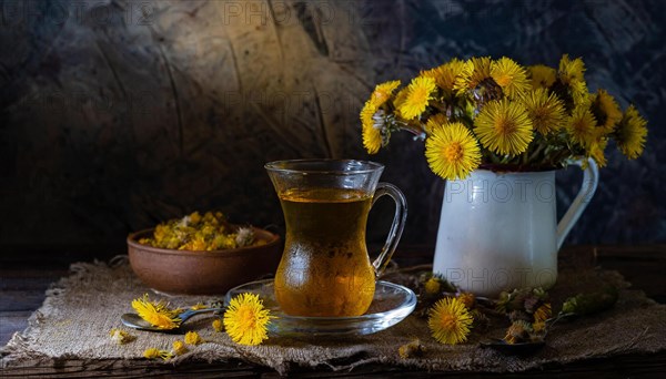 Aesthetic still life with coltsfoot tea in glass and teapot on a wooden background, coltsfoot tea, medicinal plant coltsfoot, Tussilago farfara, KI generated, AI generated