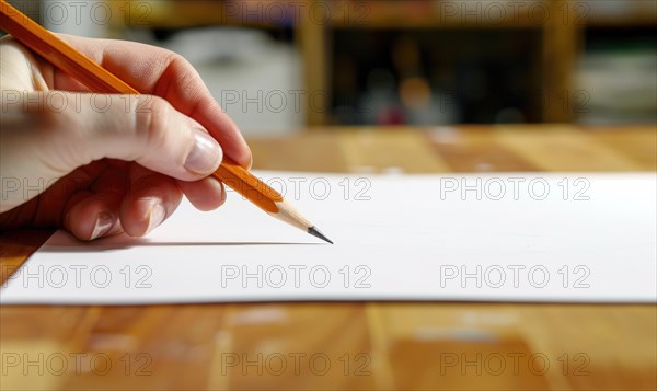 A hand holding a graphite pencil poised over a blank sheet of white paper AI generated