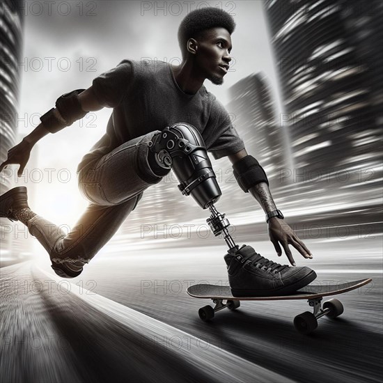 A young african american man with a prosthetic leg skateboards swiftly through an urban setting, AI generated
